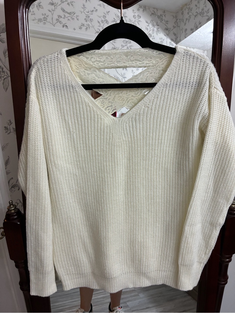 Amazon Ivory V-Neck Knit Sweater with Lace Cross-Back